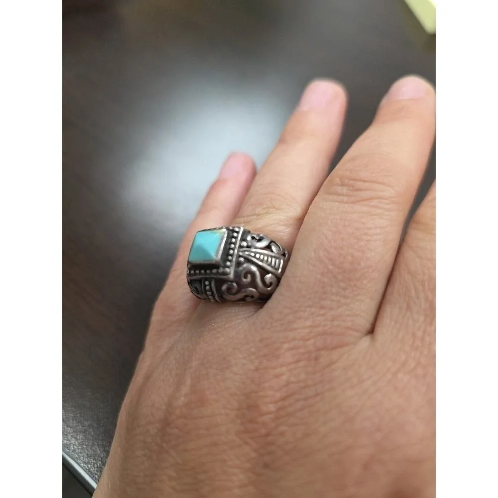 Vintage Native American Sterling Silver Inlaid Turquoise Coral Ring Size‎ 7